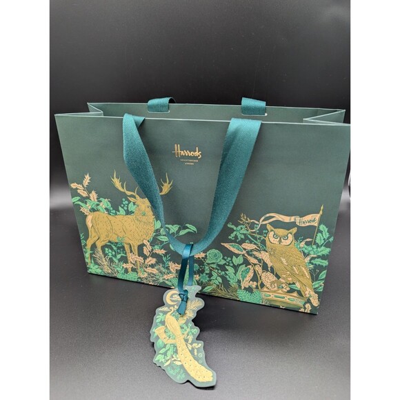 Harrods Knightsbridge London Medium Gift Bag Green w/ Deer/Elk & Owl - Picture 1 of 6
